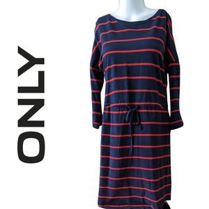 ONLY Red and Navy Blue Stripped Dress With lace beltline Size Small mid sleeve